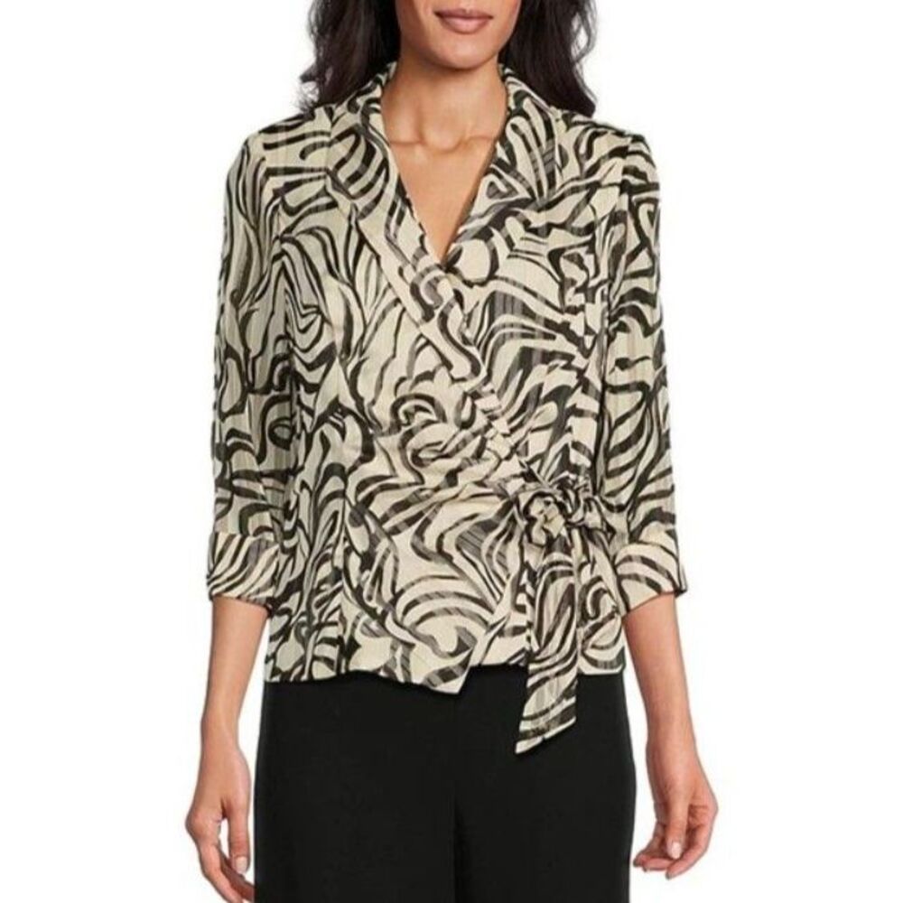 EUC Alex Evenings Shimmer Print Tie-Waist Wrap Blouse Sheer 3/4 Sleeve Sz LP